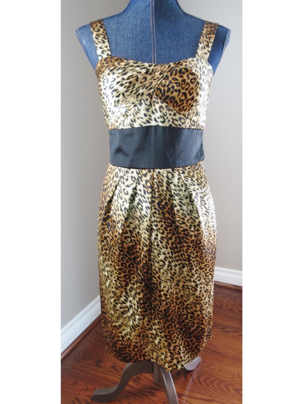 Bahari Women's Satin Leopard Animal Print Sexy Dress Black Tie Sash Size 4